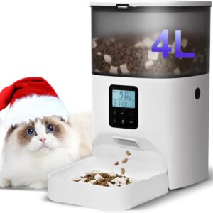 Home automatic cat feeder, 4l cat food dispenser with 10s voice recorder, pet feeder up to 8 meals per day, timed dog feeder with dry food sealed ring (white, 4l basic)