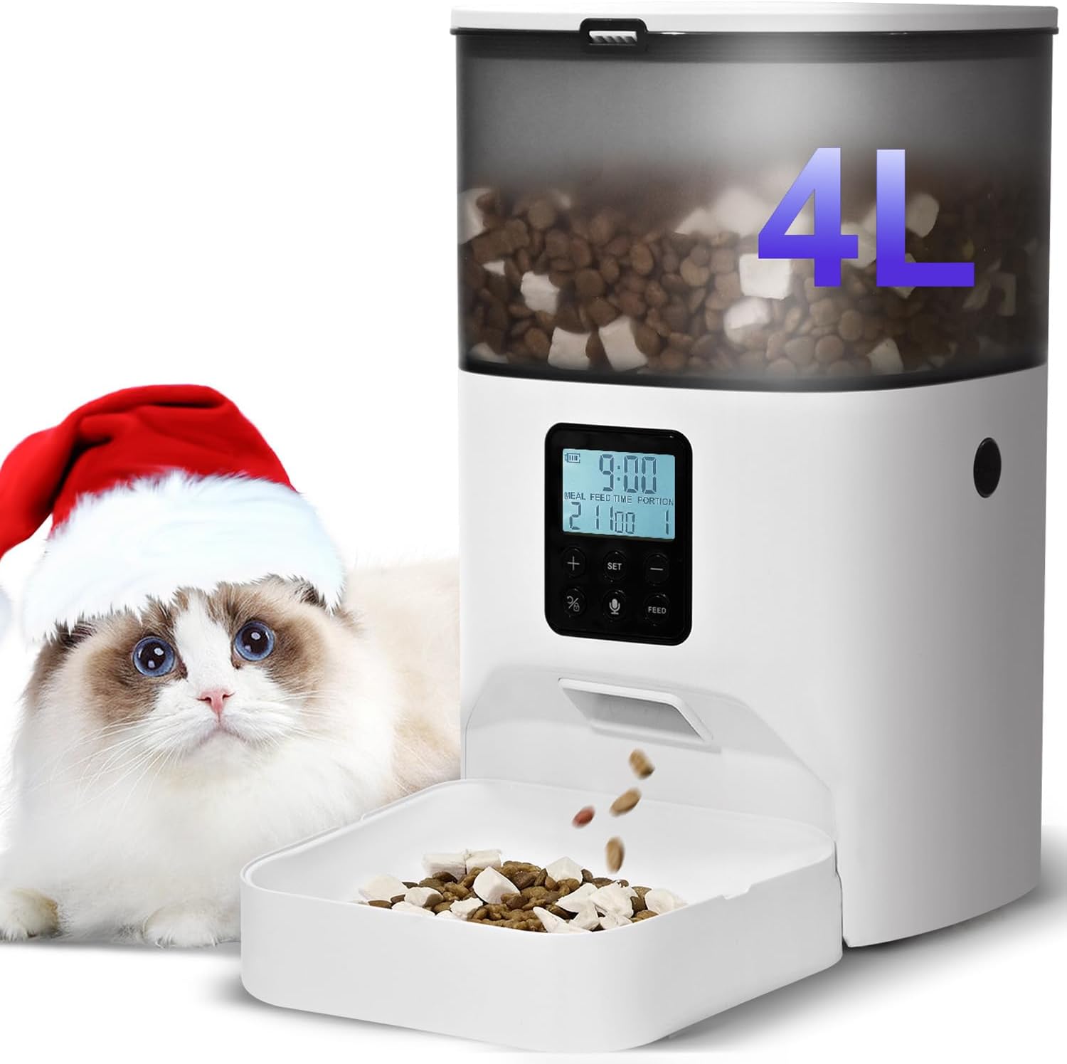 automatic cat feeder, 4l cat food dispenser with 10s voice recorder, pet feeder up to 8 meals per day, timed dog feeder with dry food sealed ring (white, 4l basic) automatic cat feeder, 4l cat food dispenser with 10s voice recorder, pet feeder up to 8 meals per day, timed dog feeder with dry food sealed ring (white, 4l basic)
