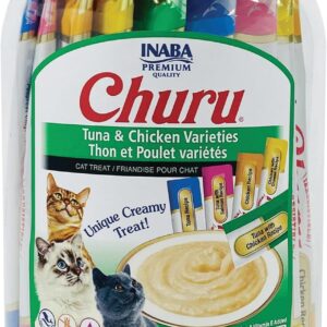 INABA Churu Cat Treats, Grain-Free, Lickable, Squeezable Creamy Purée Cat Treat/Topper with Vitamin E & Taurine, 0.5 Ounces Each Tube, 50 Tubes, Tuna & Chicken Variety