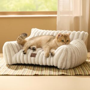 bedsure cute cat couch for pets fluffy cat beds with premium soft corduroy fleece, fuzzy cats beds for indoor cats with removable washable cover, supportive pet sofa, 24inch, cream