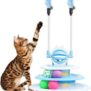Cat Toy Interactive Pet Plaything for Indoor Kitten Interactive Kitty Puzzle Ball with 2 Cat-Tease (Blue)