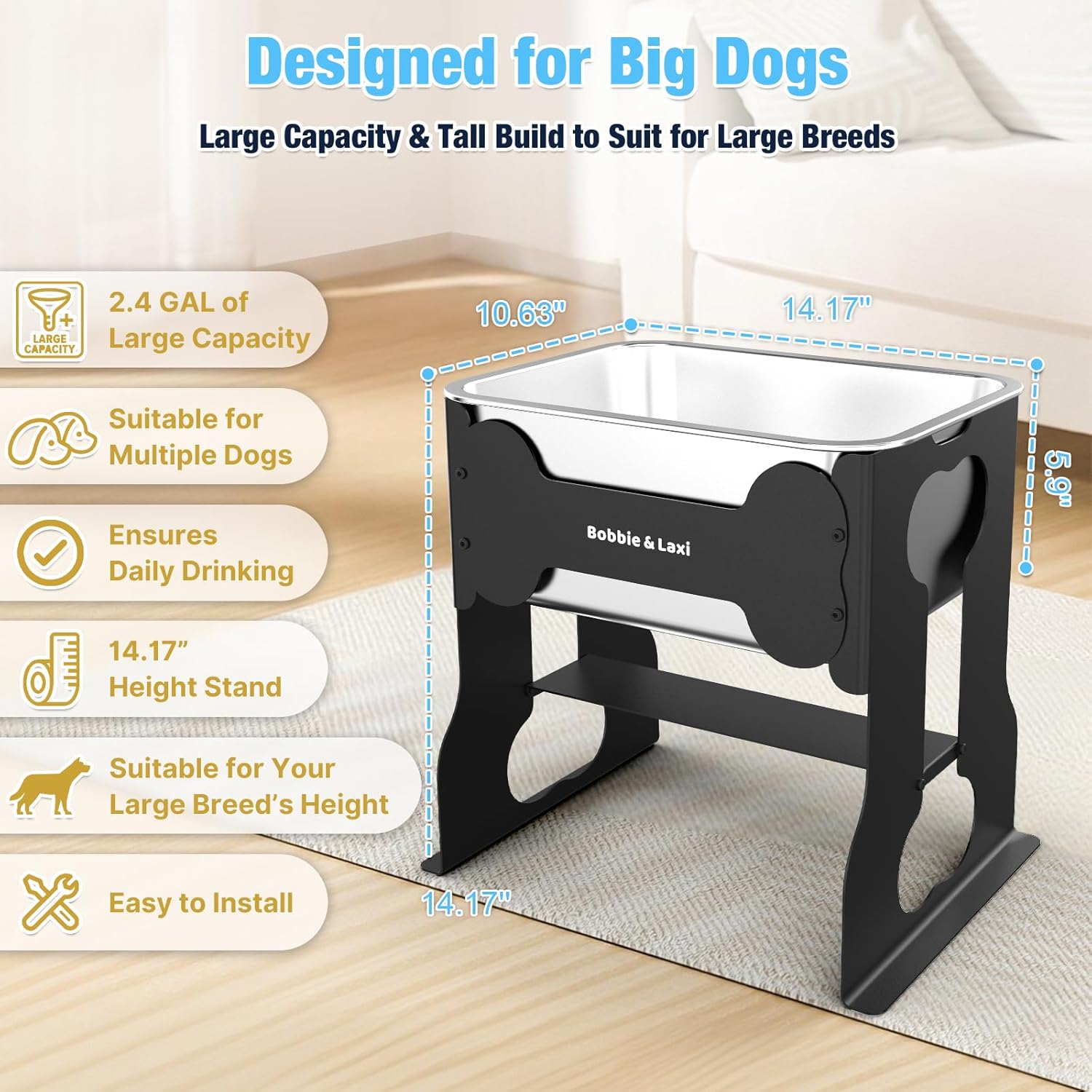 2.4 gallon elevated large dog water bowl,14" raised stainless steel bowl with stand for large breed, full metal dog feeding station for relief joint pressure, easy clean for indoor & outdoor uses 2.4 gallon elevated large dog water bowl,14" raised stainless steel bowl with stand for large breed, full metal dog feeding station for relief joint pressure, easy clean for indoor & outdoor uses