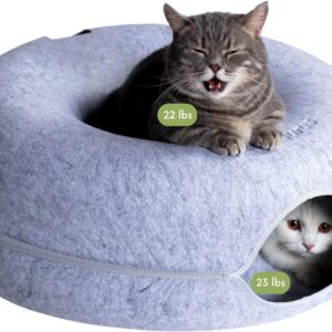 cattasaurus peekaboo cat cave for multiple & large cats up to 30 45 lbs, scratch detachable & washable tunnel bed, comfy donut cat cave (light gray, large)