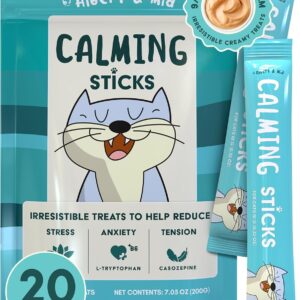 ALBERT & MIA Calming Sticks Lickable Cat Calming Treats - Stress & Cats Anxiety Relief - Irresistible - Vet Cat Calm Supplement Care (Kitten Sleep Aid, Grooming, Car Rides, Travel) 20 Pack